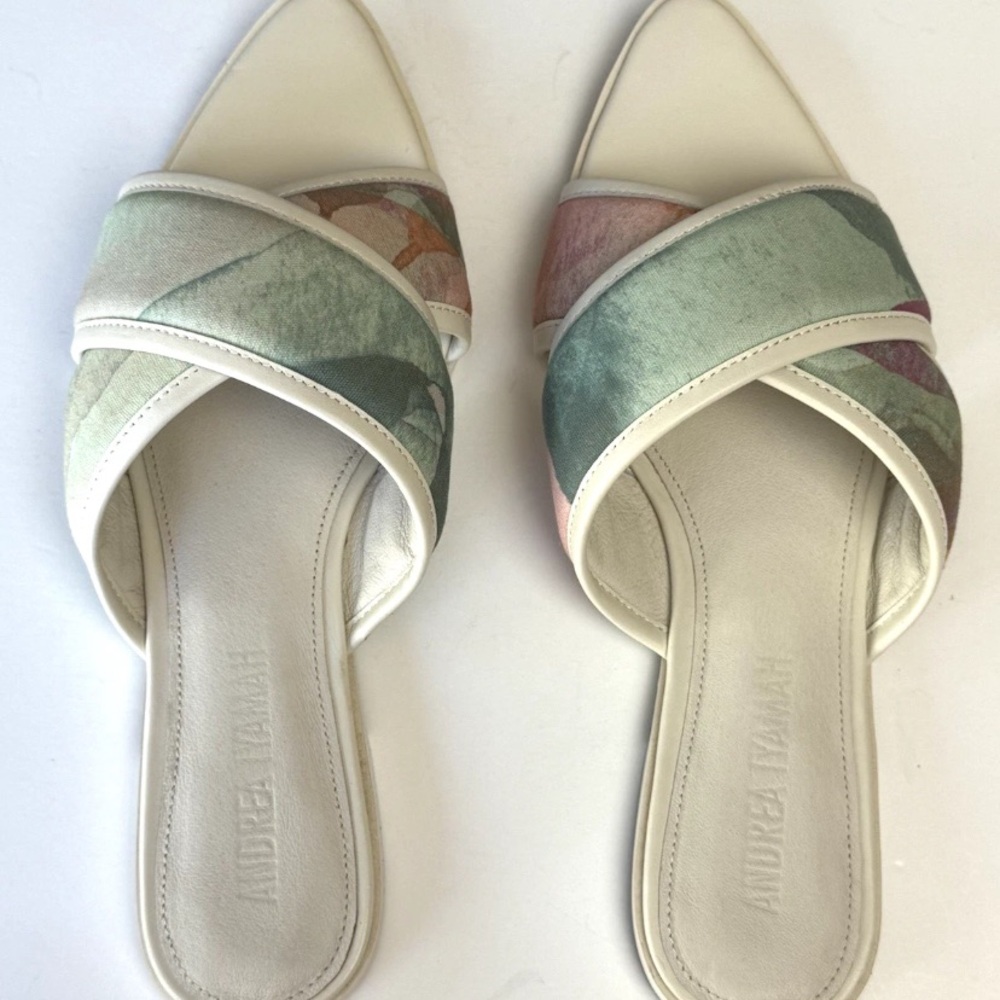 Andrea Iyamah Cream Slide Sandals with Pastel Green & Pink Overlay